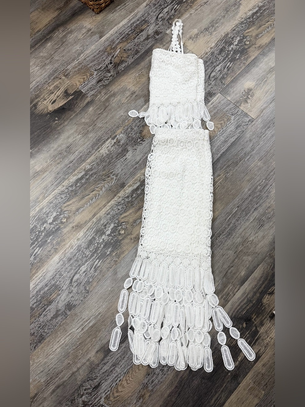 Skies Are Blue White Crochet Lace Maxi with Fringe Detail